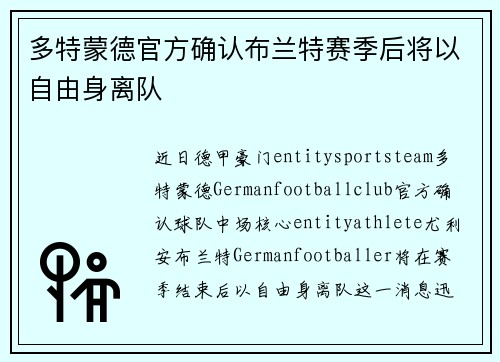 多特蒙德官方确认布兰特赛季后将以自由身离队